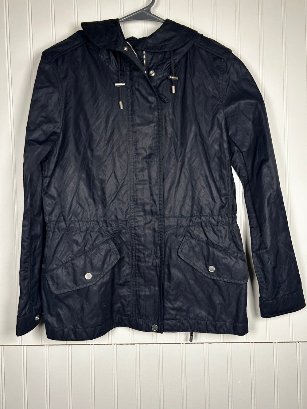 Talbots Utility Jacket Women’s Petite 2P Navy Blue Cotton Nylon Hooded Zip